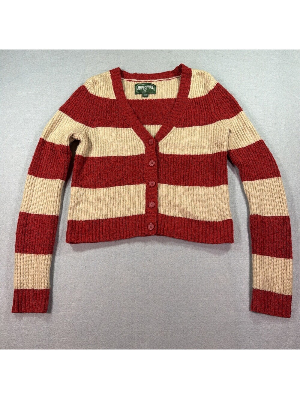 American Eagle Cropped Rugby Striped Cardigan  Womens S Red Beige 0200